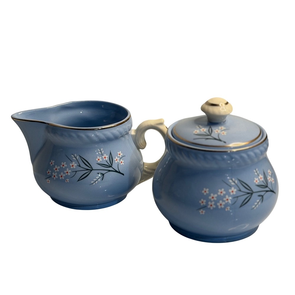 VTG Homer Laughlin Kraft Blue Sugar Bowl Creamer Floral Gold Trim USA Pottery